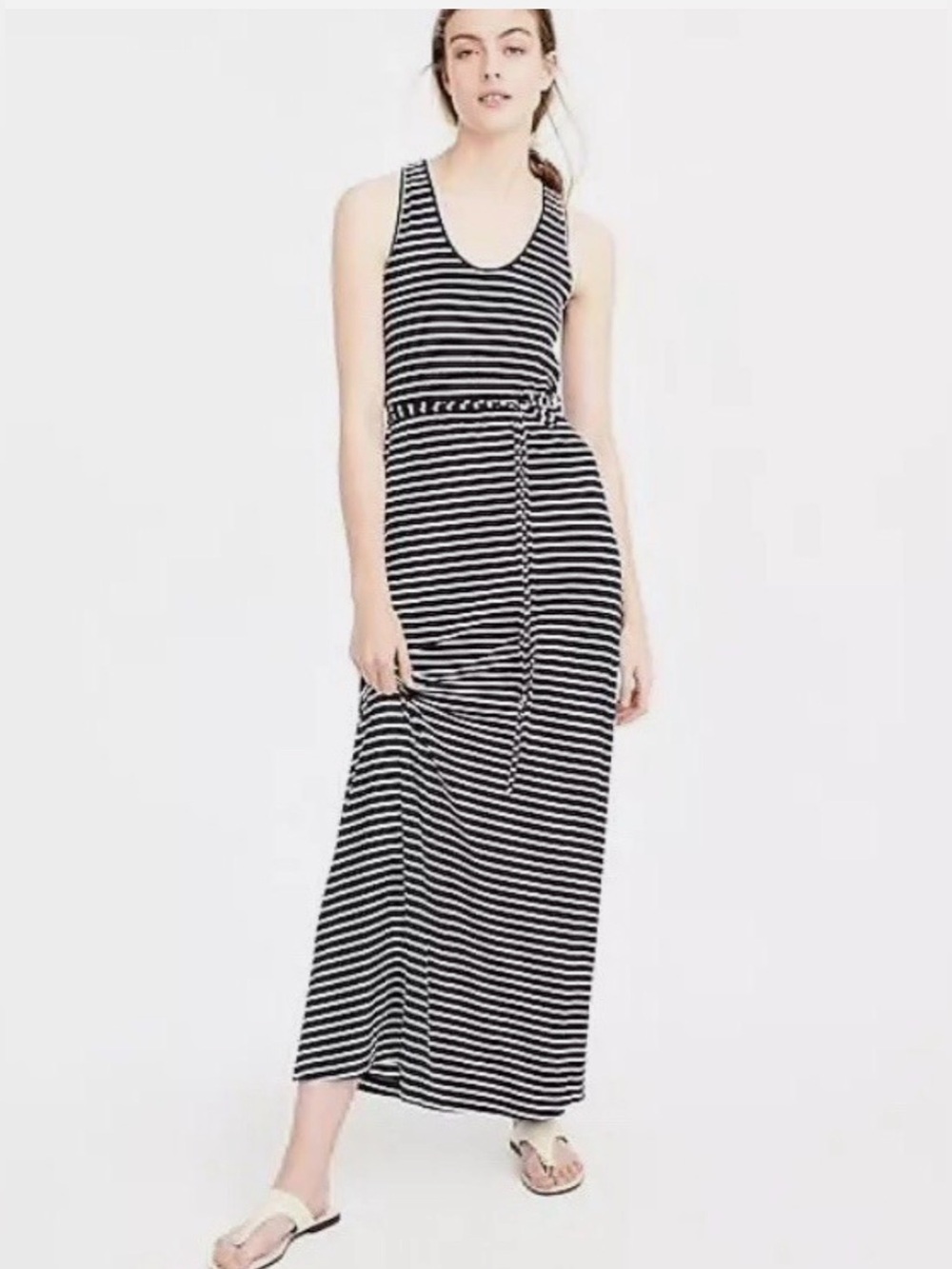 J. Crew Blue & White Striped Sleeveless Maxi Dress with Tie Waist & Scoop Neck S